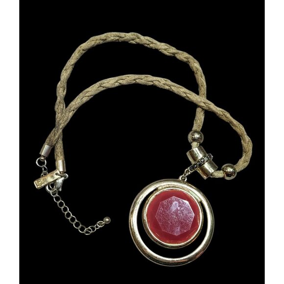 INC Red Gemmed Medallion Necklace On Tan Suede Braided Cord - Picture 1 of 6